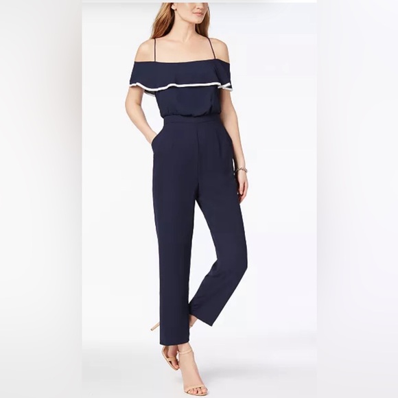 Off-The-Shoulder Jumpsuit . Navy / White . Worn twice - Picture 1 of 6